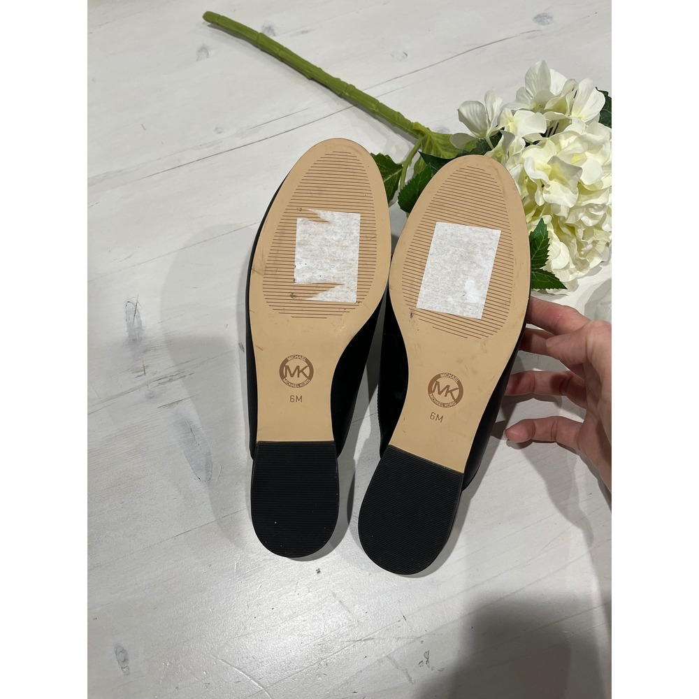 NEW Michael Kors Black Leather Mules Slides Loafers Size 6M Silver MK Chain - Picture 5 of 7